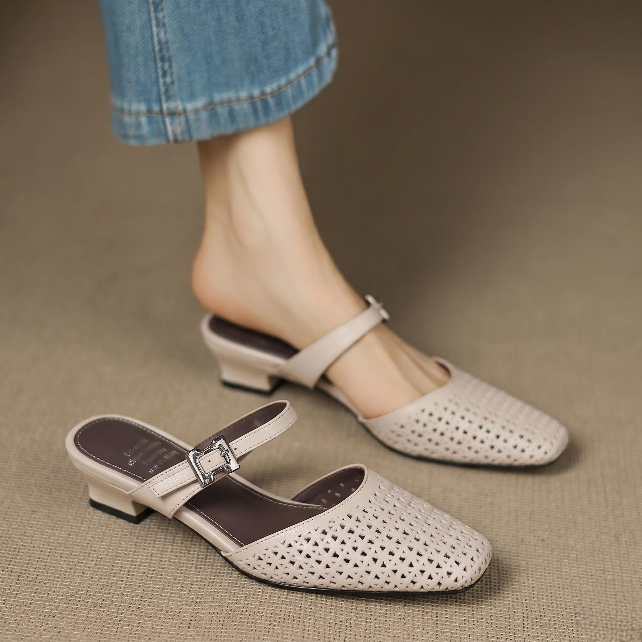 Alabaster Genuine Leather Woven-Vamp Slingback - Image 2