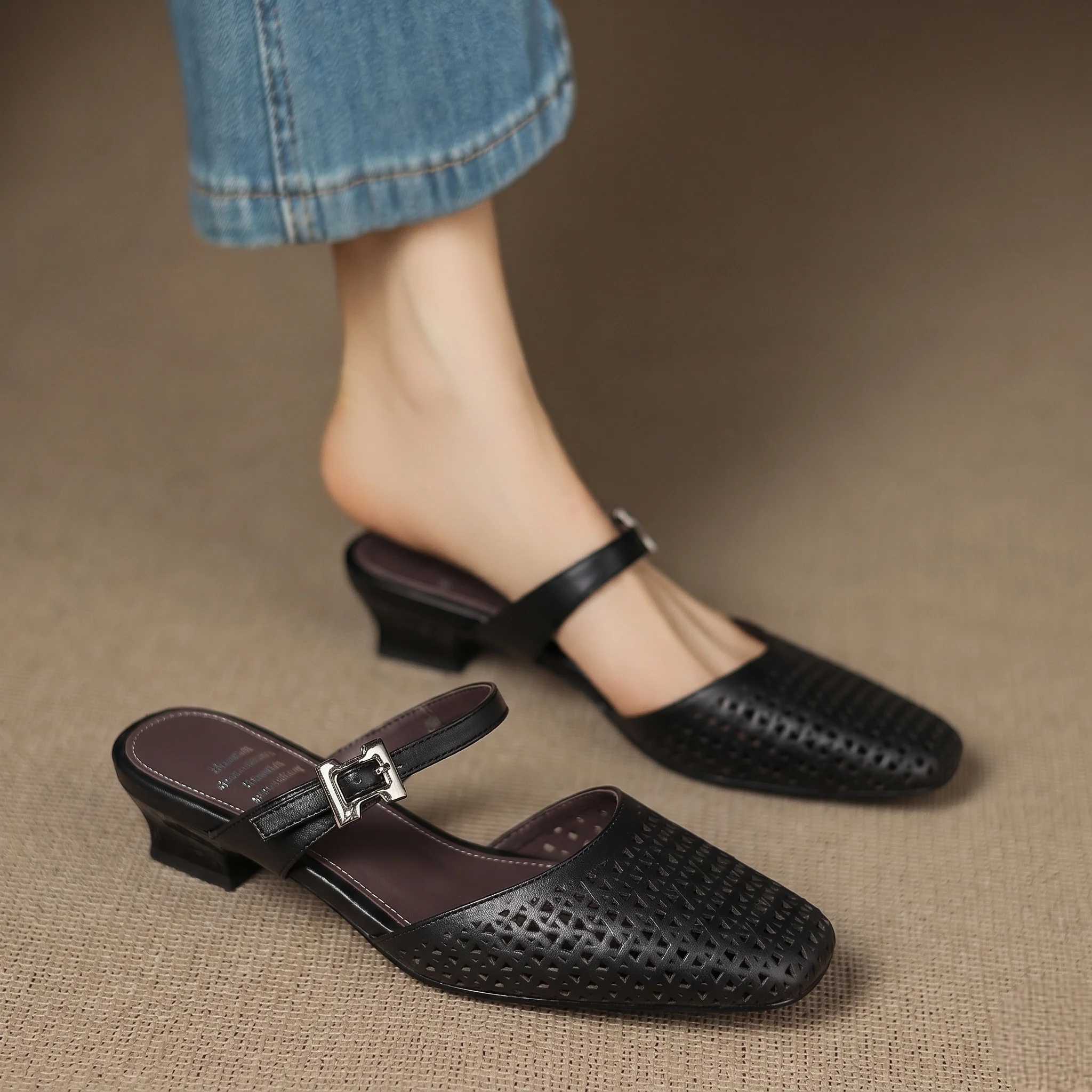 Alabaster Genuine Leather Woven-Vamp Slingback - Image 3