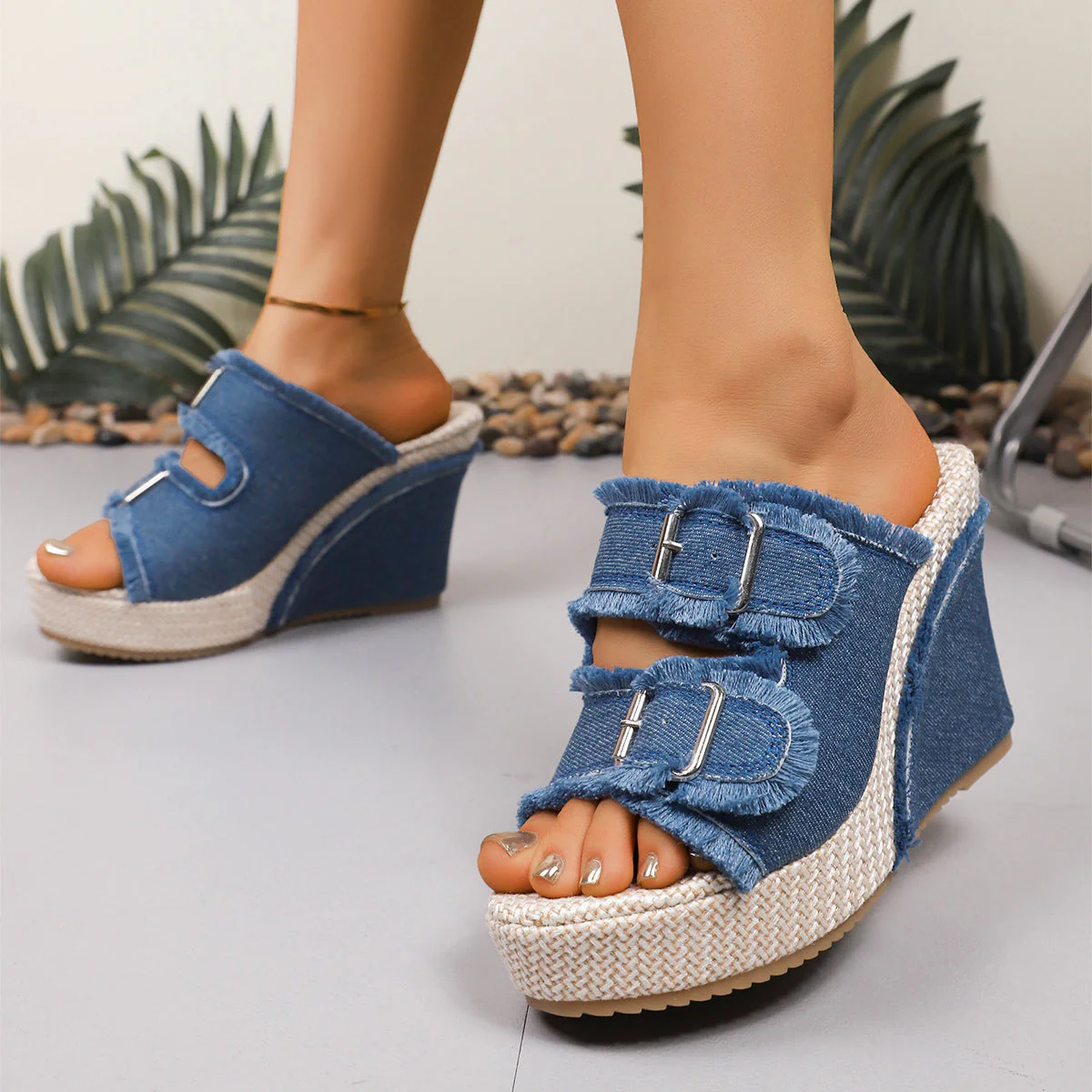 Atelier Denim Fray-Edge Wedge Sandals - Image 8
