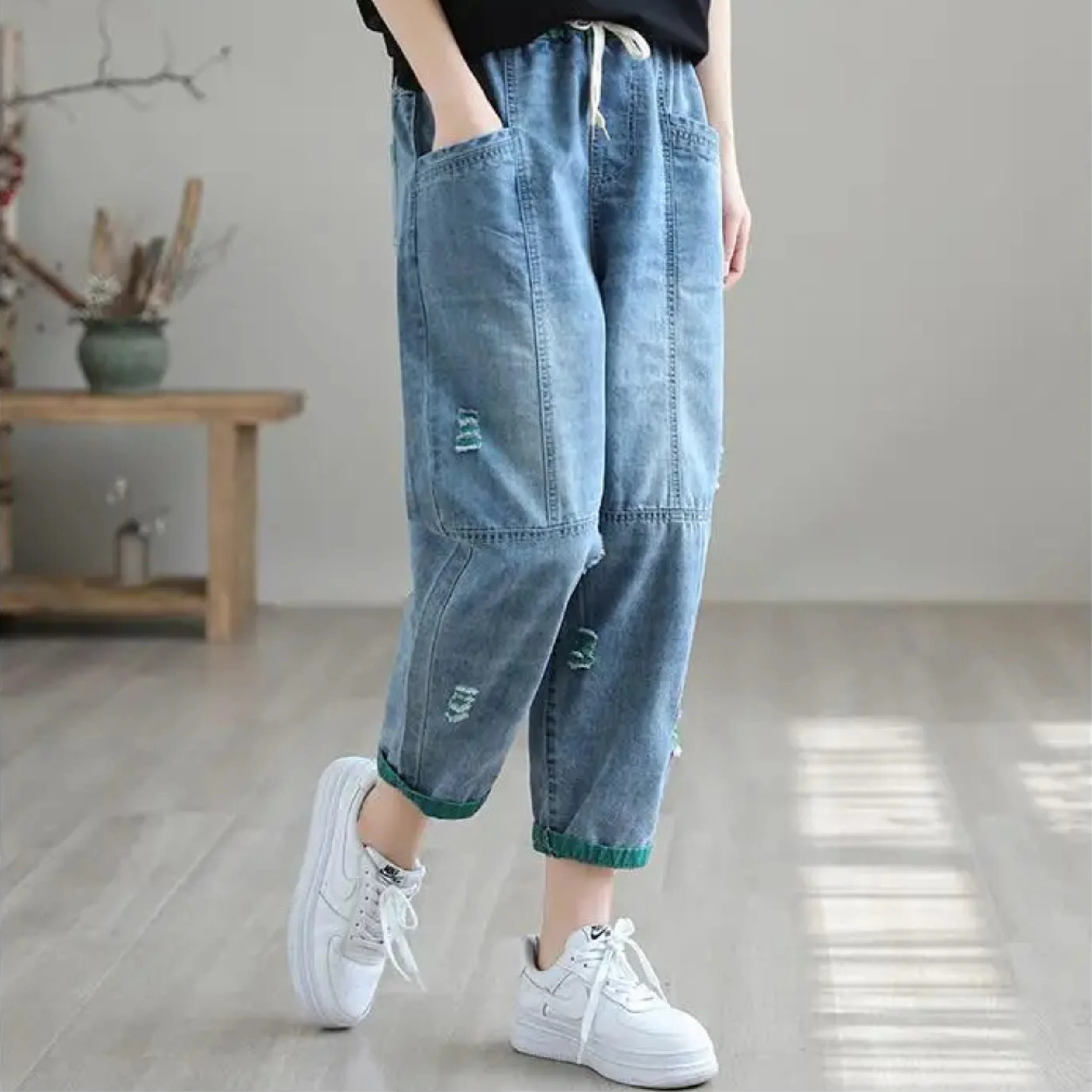 Contrast Denim Harem Pant