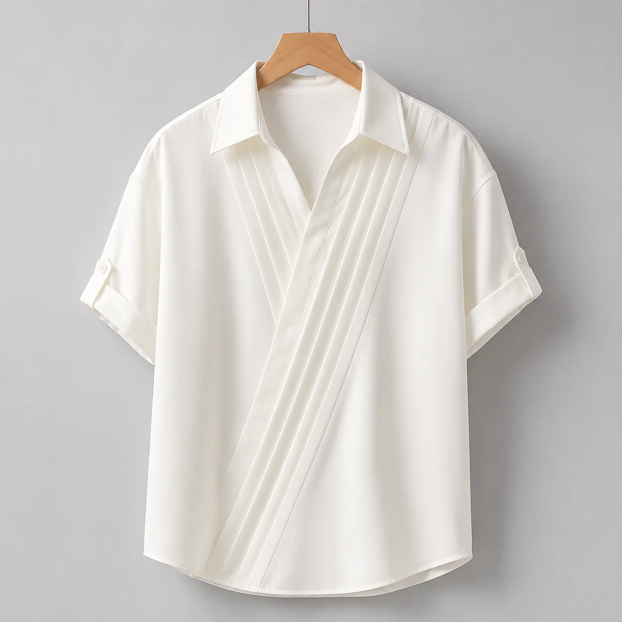 Diagonal Pleat Open-Collar Shirt