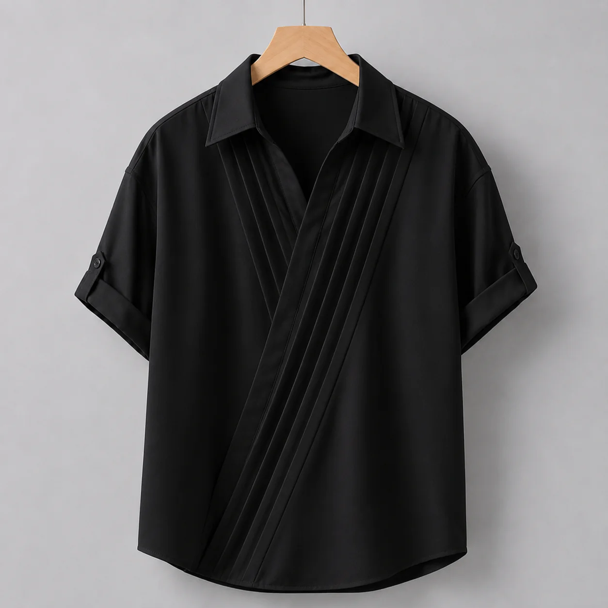 Diagonal Pleat Open-Collar Shirt - Image 2