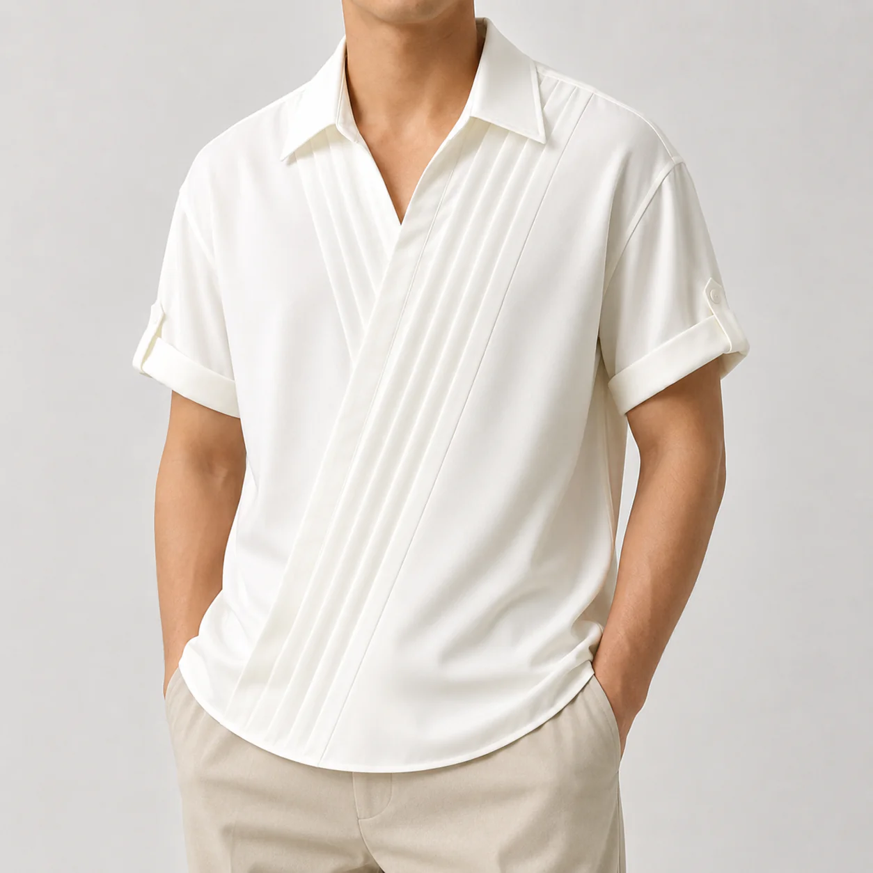 Diagonal Pleat Open-Collar Shirt - Image 3