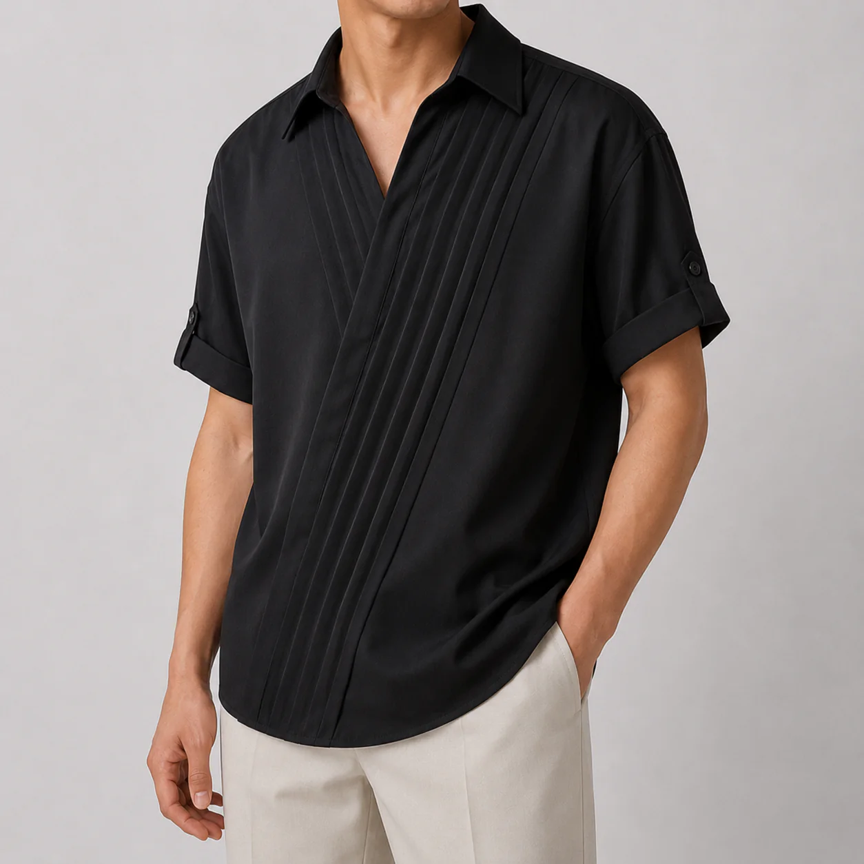 Diagonal Pleat Open-Collar Shirt - Image 4