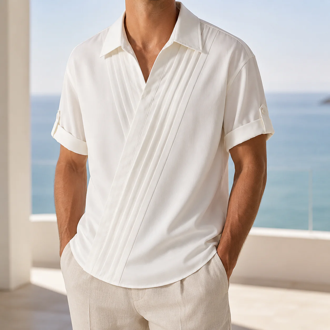 Diagonal Pleat Open-Collar Shirt - Image 6