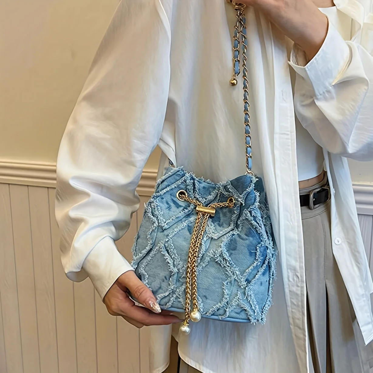 Distressed Quilted Denim Bucket Bag - Image 3