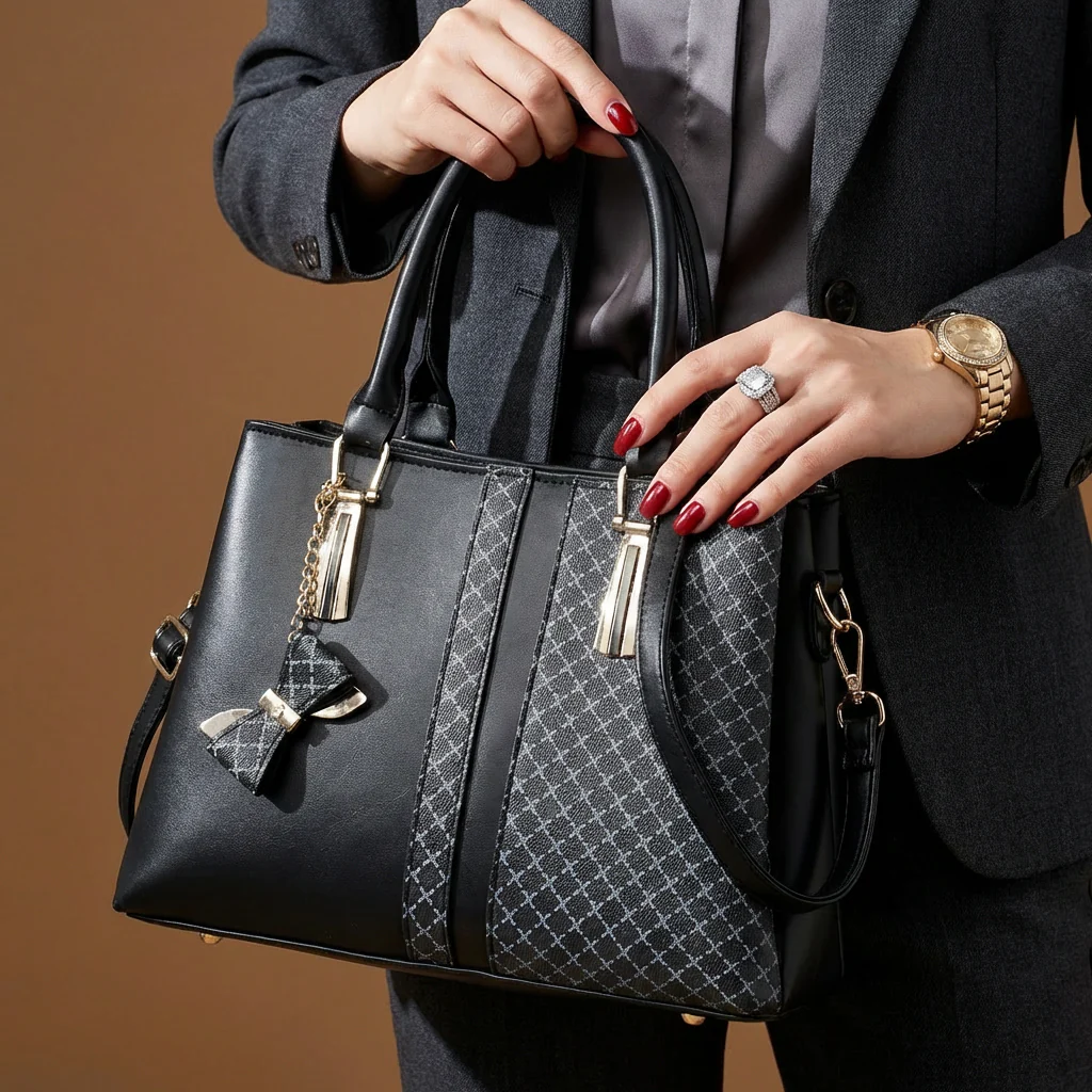 Dual-Texture Bow-Accent Handbag - Image 7