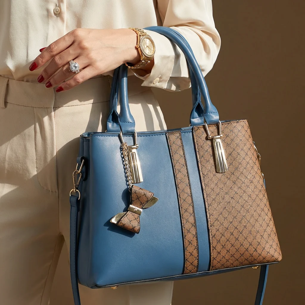 Dual-Texture Bow-Accent Handbag - Image 9