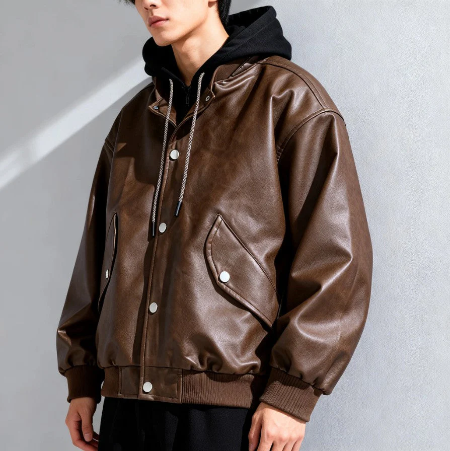 Layered Hooded Leather Flight Jacket - Image 4