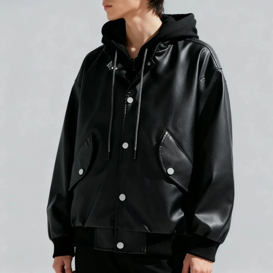 Layered Hooded Leather Flight Jacket - Image 5