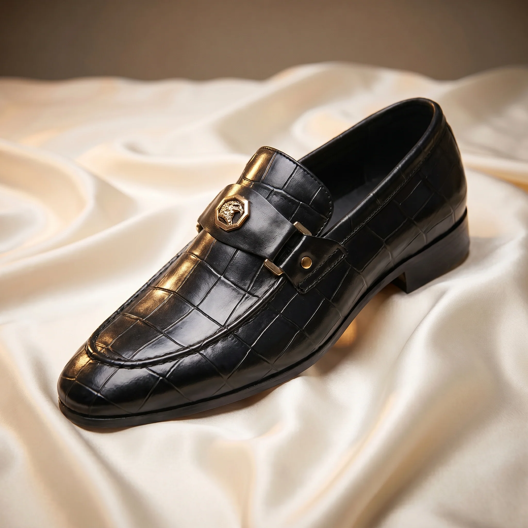 Marron Crocodile-Embossed Bit Loafers