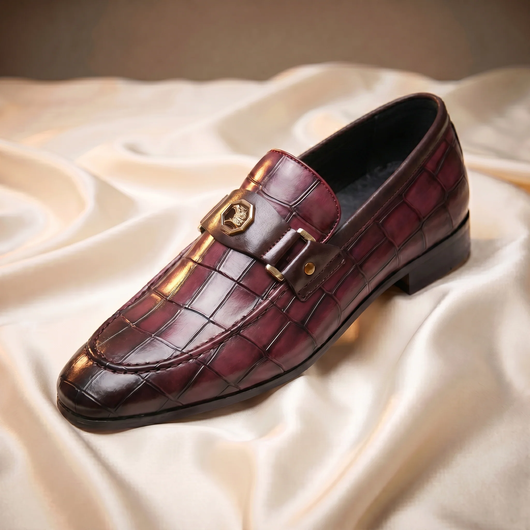 Marron Crocodile-Embossed Bit Loafers - Image 3