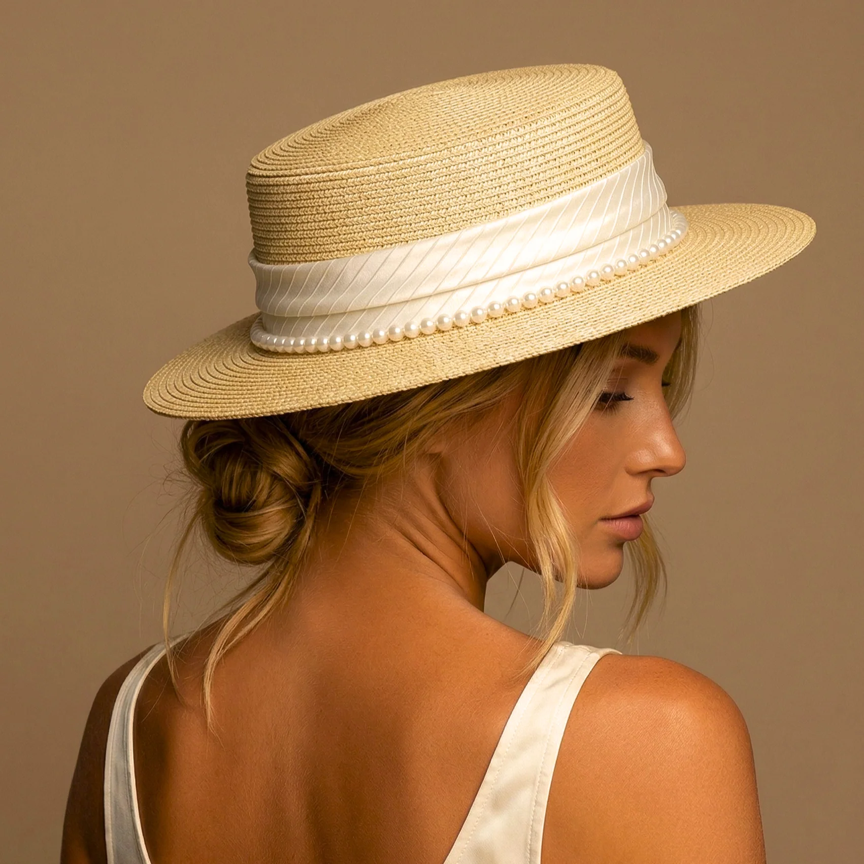 Pearl-Band Woven Boater Hat - Image 9