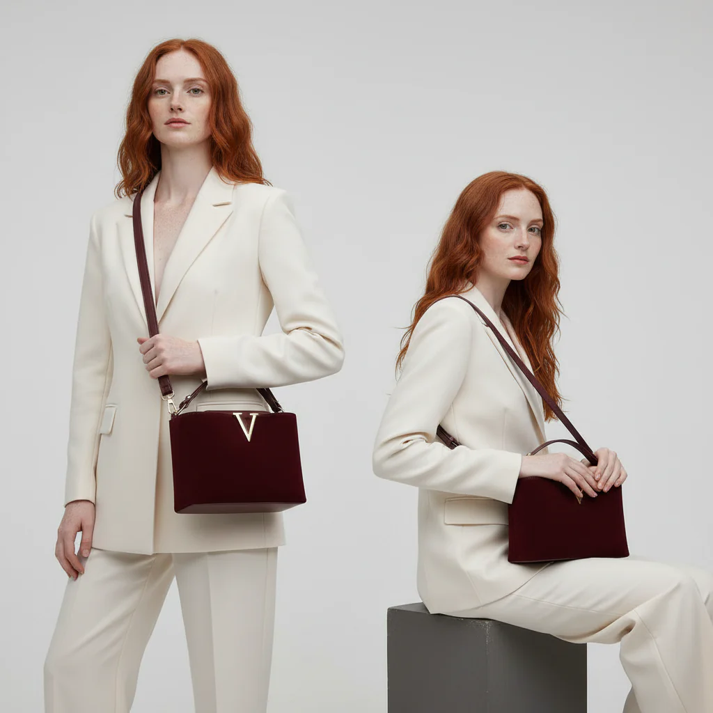 V-Emblem Structured Leather Satchel - Image 8